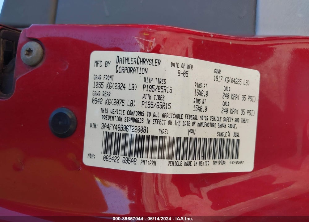 2006 CHRYSLER PT CRUISER VIN: 3A4FY48B96T220081