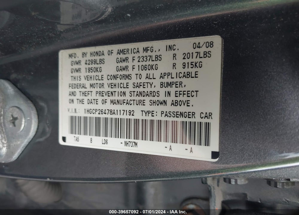 2008 HONDA ACCORD 2.4 LX-P VIN: 1HGCP26478A117192