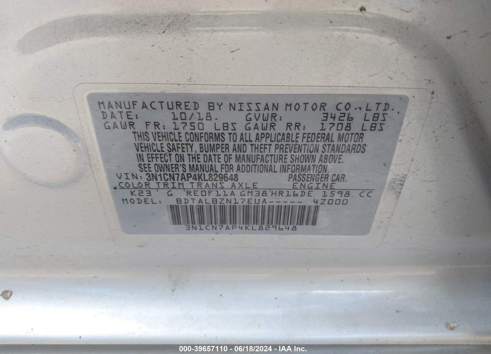 2019 NISSAN VERSA 1.6 SV VIN: 3N1CN7AP4KL829648