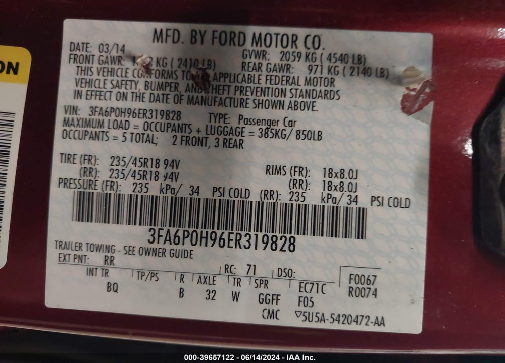 2014 FORD FUSION SE VIN: 3FA6P0H96ER319828