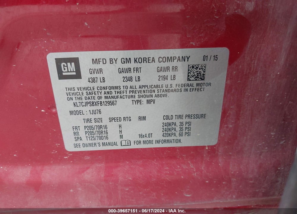 2015 CHEVROLET TRAX 1LS VIN: KL7CJPSBXFB129567