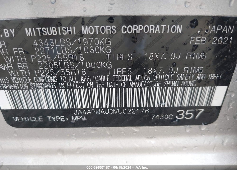 2021 MITSUBISHI OUTLANDER SPORT 2.0 BE 2WD/2.0 ES 2WD/2.0 LE 2WD/2.0 S 2WD VIN: JA4APUAU0MU022176