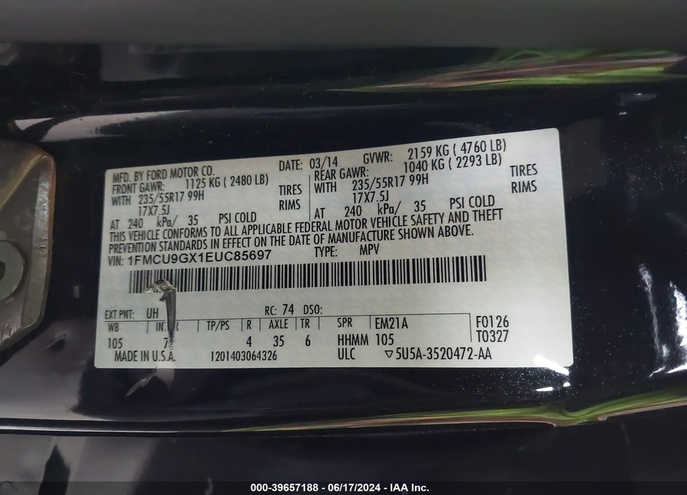 2014 FORD ESCAPE SE VIN: 1FMCU9GX1EUC85697