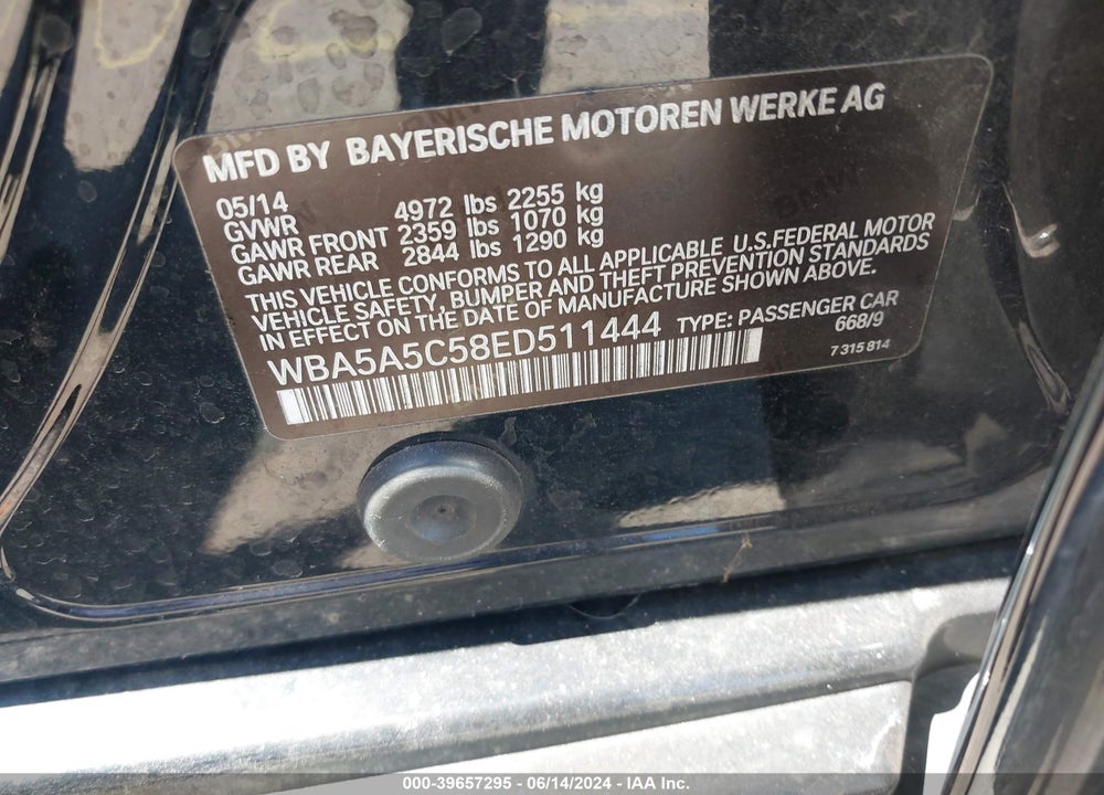 2014 BMW 528I VIN: WBA5A5C58ED511444