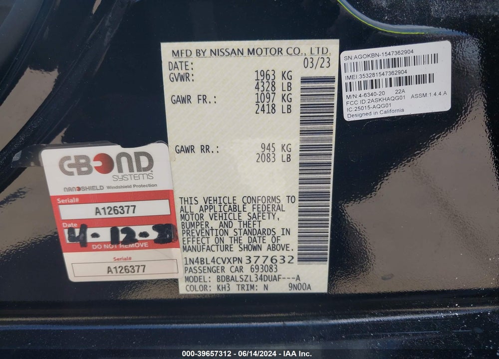 2023 NISSAN ALTIMA VIN: 1N4BL4CVXPN377632