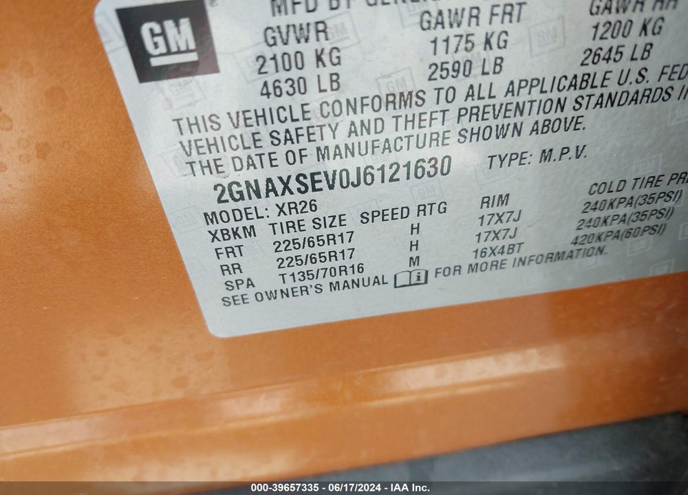 2018 CHEVROLET EQUINOX LT VIN: 2GNAXSEV0J6121630