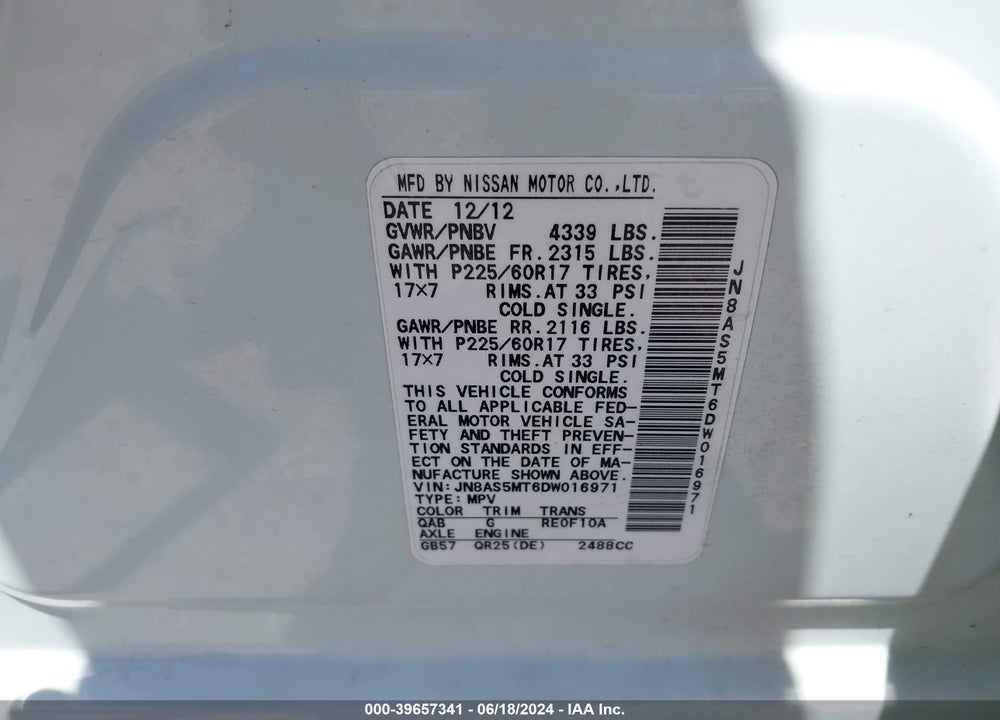 2013 NISSAN ROGUE VIN: JN8AS5MT6DW016971