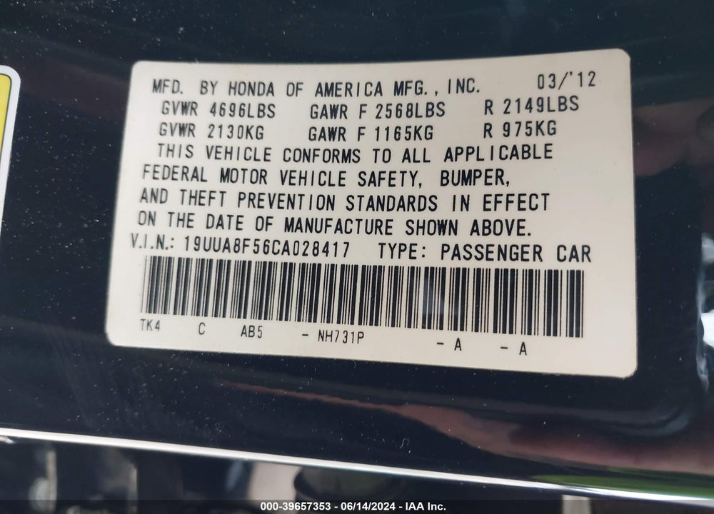 2012 ACURA TL 3.5 VIN: 19UUA8F56CA028417