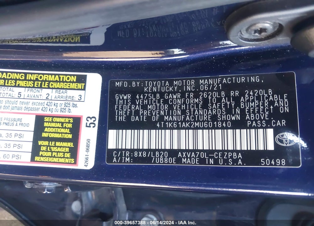 2021 TOYOTA CAMRY XSE VIN: 4T1K61AK2MU601840