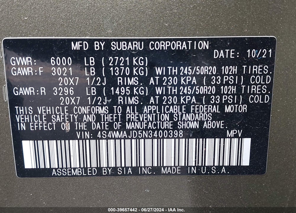 2022 SUBARU ASCENT ONYX EDITION VIN: 4S4WMAJD5N3400398