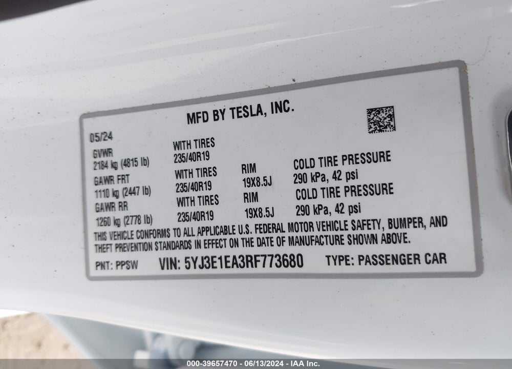 2024 TESLA MODEL 3 REAR-WHEEL DRIVE VIN: 5YJ3E1EA3RF773680