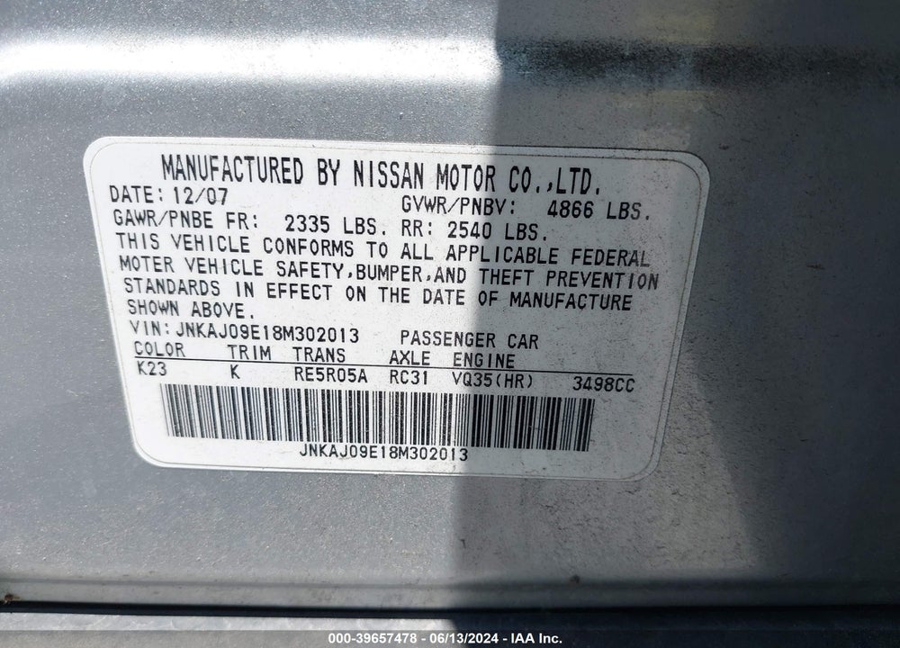 2008 INFINITI EX35 JOURNEY VIN: JNKAJ09E18M302013