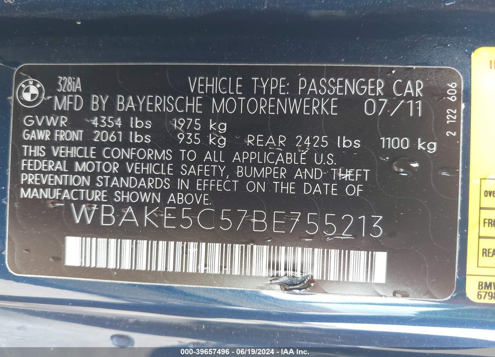 2011 BMW 328I VIN: WBAKE5C57BE755213
