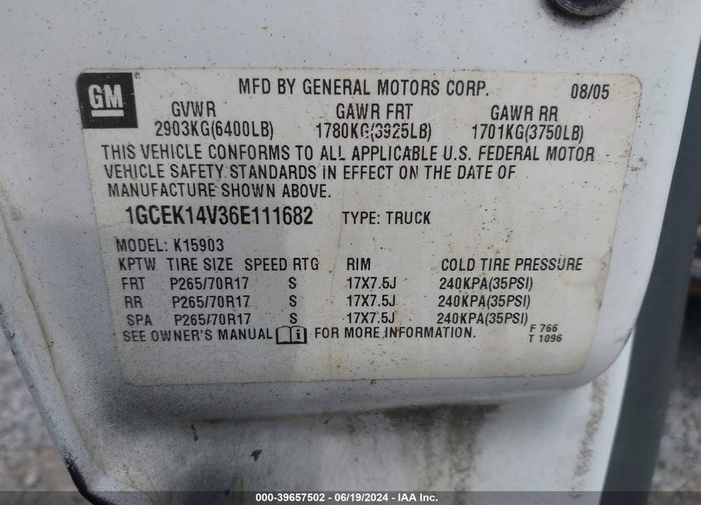 2006 CHEVROLET SILVERADO 1500 WORK TRUCK VIN: 1GCEK14V36E111682