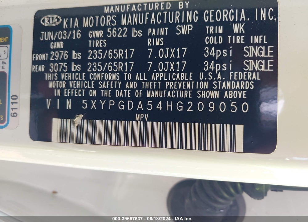 2017 KIA SORENTO 3.3L LX VIN: 5XYPGDA54HG209050