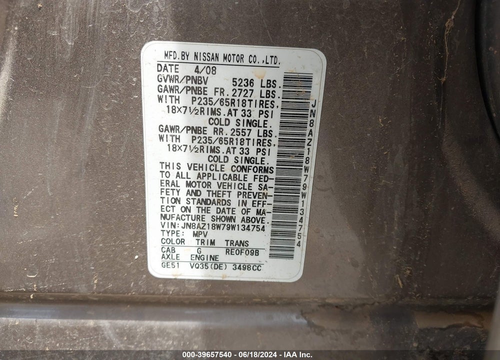 2009 NISSAN MURANO SL VIN: JN8AZ18W79W134754