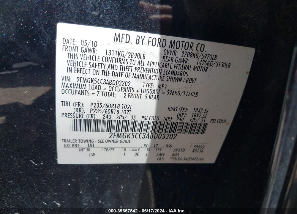 2010 FORD FLEX SEL VIN: 2FMGK5CC3ABD03202