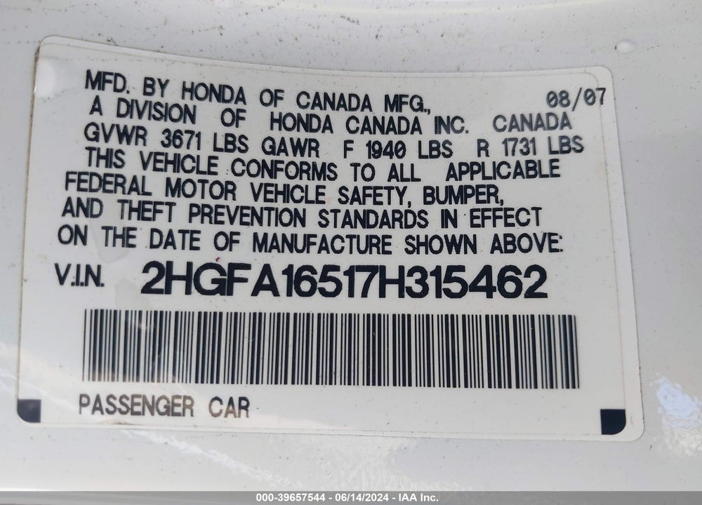 2007 HONDA CIVIC LX VIN: 2HGFA16517H315462