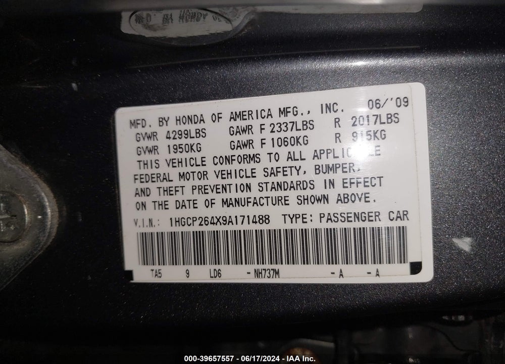 2009 HONDA ACCORD 2.4 LX-P VIN: 1HGCP264X9A171488