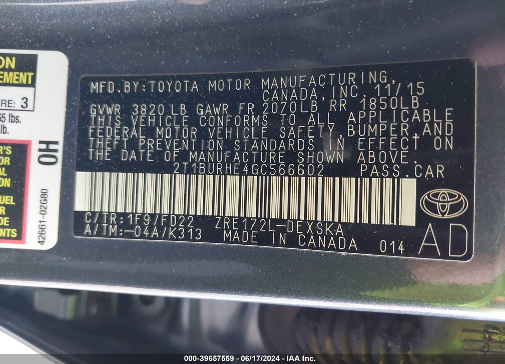 2016 TOYOTA COROLLA S PLUS VIN: 2T1BURHE4GC566602