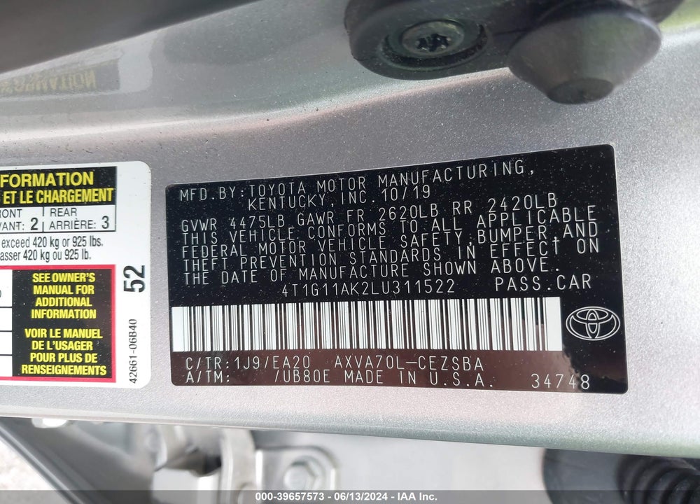 2020 TOYOTA CAMRY SE VIN: 4T1G11AK2LU311522