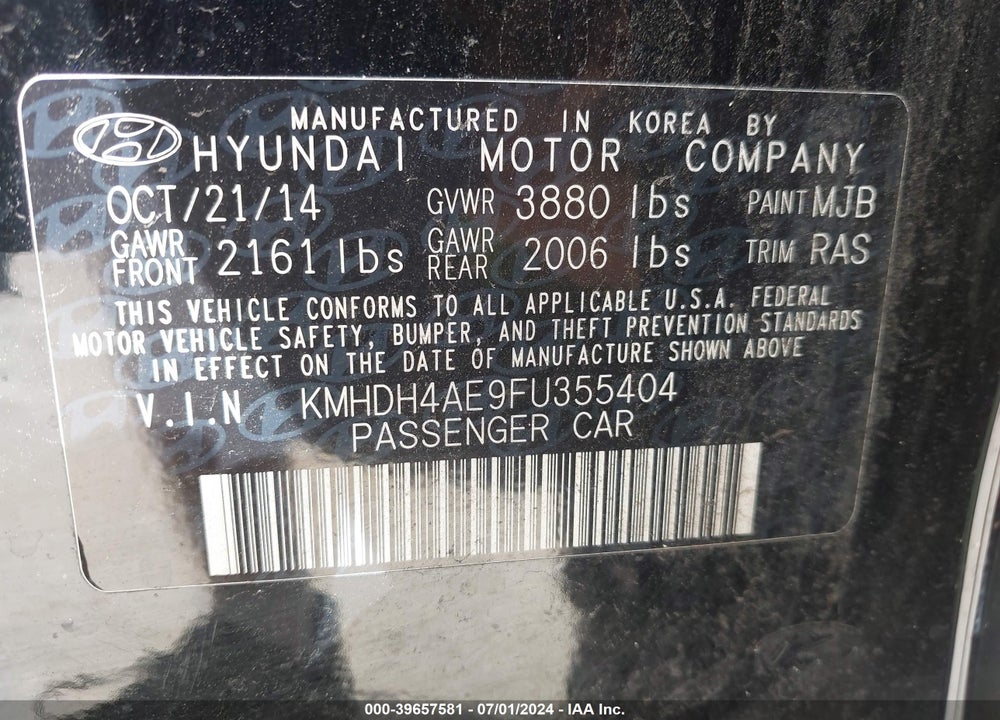 2015 HYUNDAI ELANTRA SE VIN: KMHDH4AE9FU355404