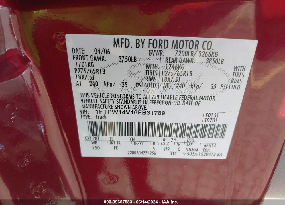 2006 FORD F-150 VIN: 1FTPW14V16FB31789