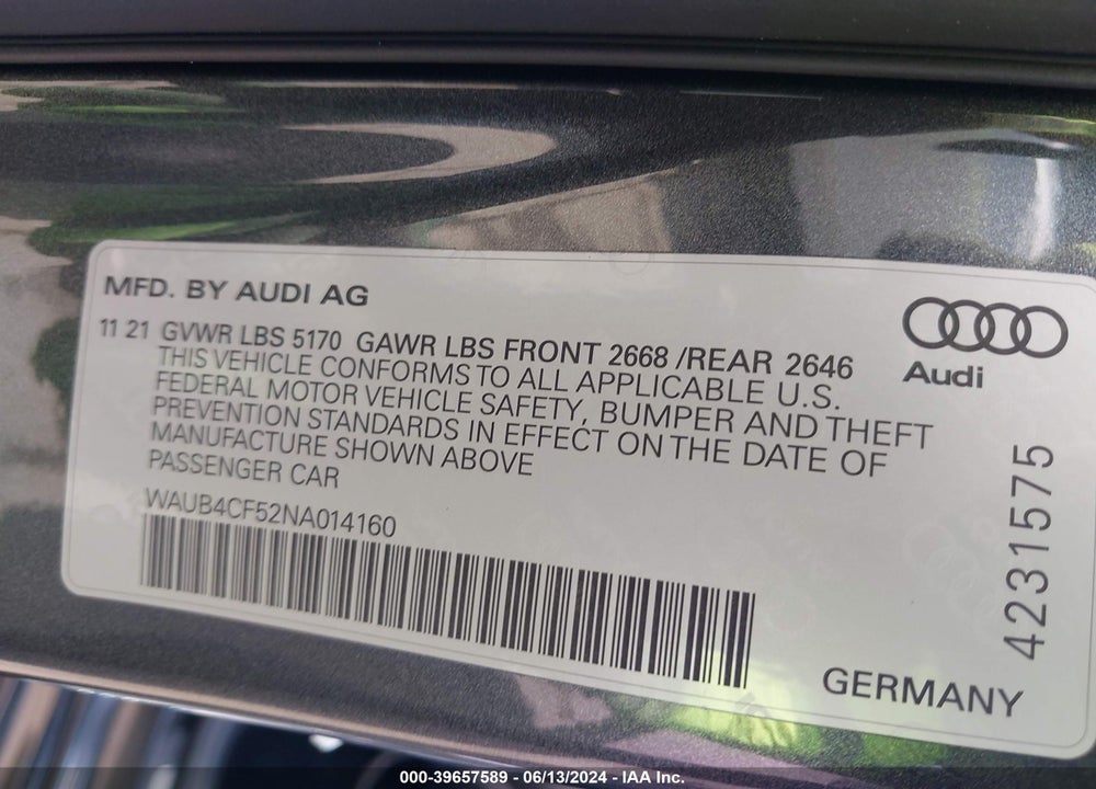 2022 AUDI S5 SPORTBACK PRESTIGE TFSI QUATTRO TIPTRONIC VIN: WAUB4CF52NA014160