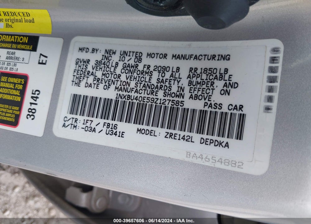 2009 TOYOTA COROLLA LE VIN: 1NXBU40E59Z127585