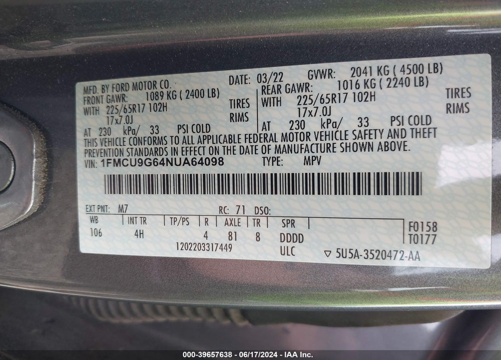 2022 FORD ESCAPE SE VIN: 1FMCU9G64NUA64098