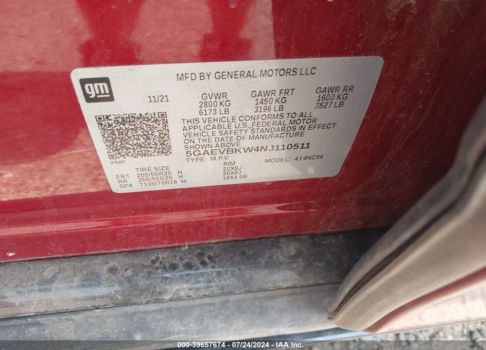 2022 BUICK ENCLAVE AWD PREMIUM VIN: 5GAEVBKW4NJ110511