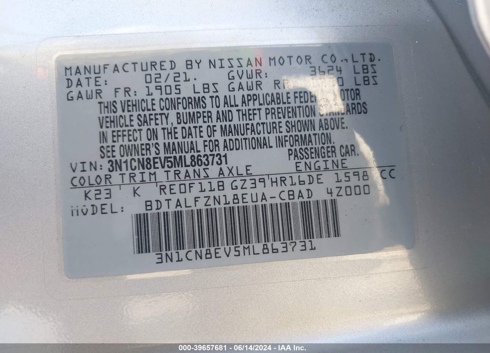 2021 NISSAN VERSA SV XTRONIC CVT VIN: 3N1CN8EV5ML863731