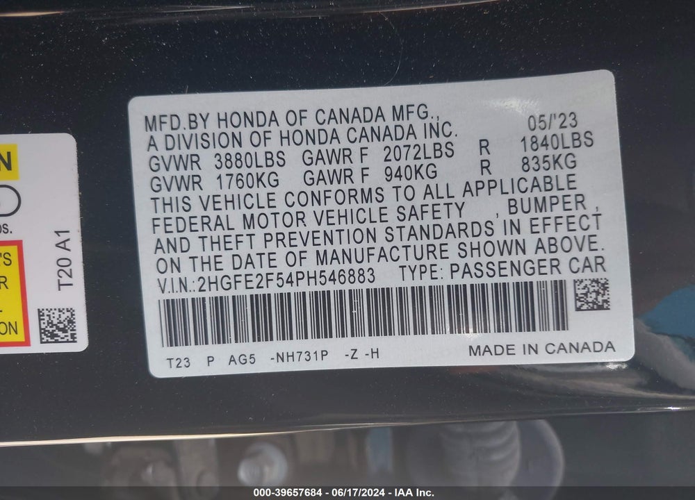 2023 HONDA CIVIC SPORT VIN: 2HGFE2F54PH546883