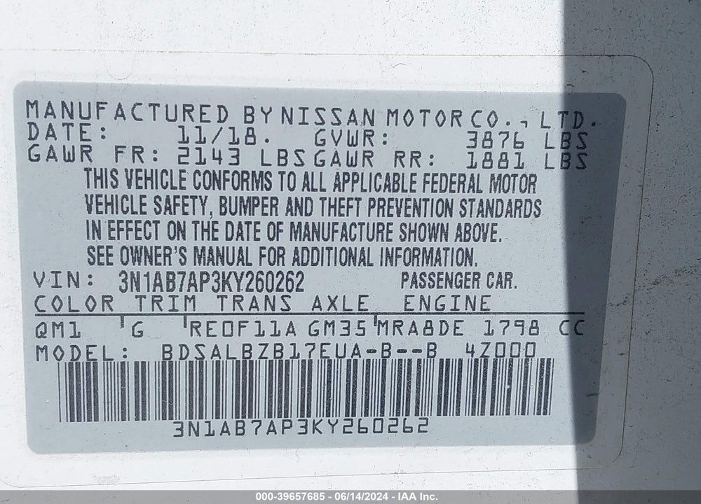 2019 NISSAN SENTRA S VIN: 3N1AB7AP3KY260262