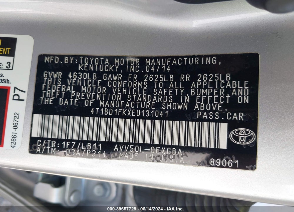 2014 TOYOTA CAMRY HYBRID XLE VIN: 4T1BD1FKXEU131041