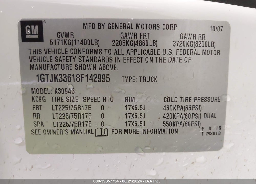 2008 GMC SIERRA 3500HD SLE1 VIN: 1GTJK33618F142995