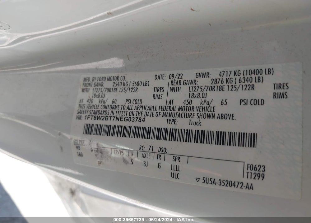 2022 FORD F-250 XLT VIN: 1FT8W2BT7NEG03784