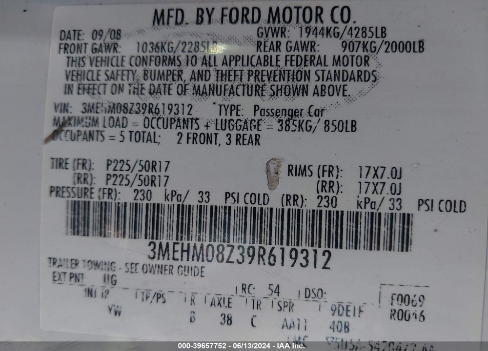 2009 MERCURY MILAN I4 PREMIER VIN: 3MEHM08Z39R619312