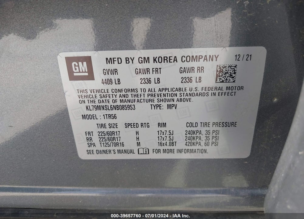 2022 CHEVROLET TRAILBLAZER AWD LS VIN: KL79MNSL6NB085953
