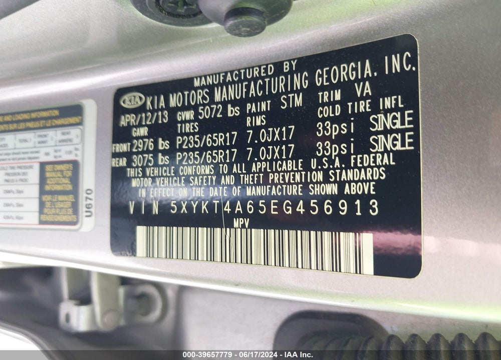 2014 KIA SORENTO LX VIN: 5XYKT4A65EG456913