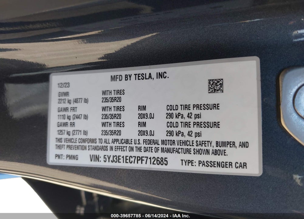 2023 TESLA MODEL 3 PERFORMANCE DUAL MOTOR ALL-WHEEL DRIVE VIN: 5YJ3E1EC7PF712685
