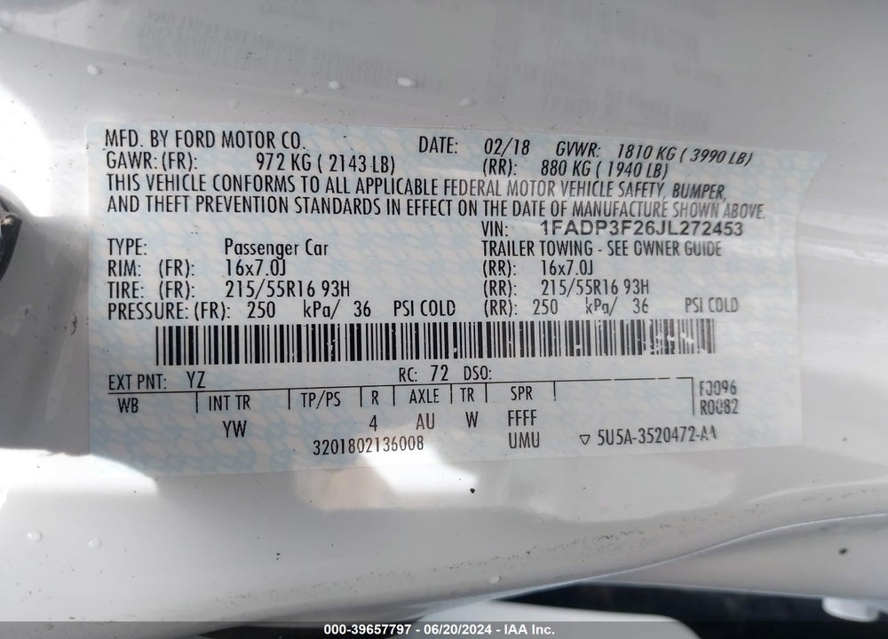 2018 FORD FOCUS SE VIN: 1FADP3F26JL272453