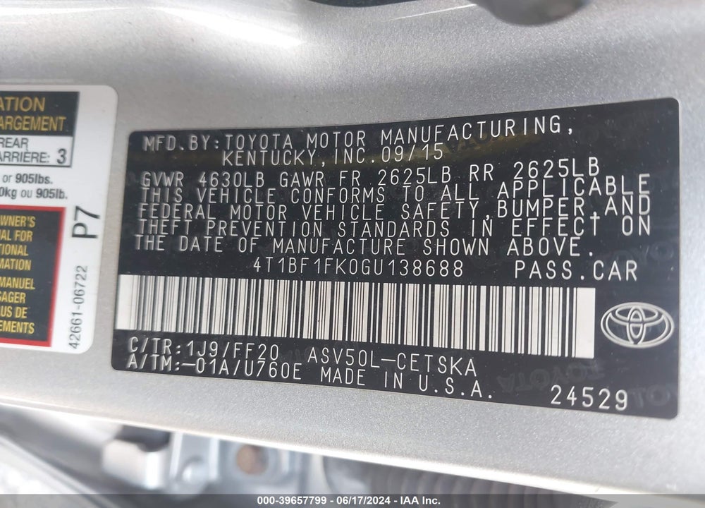 2016 TOYOTA CAMRY SE VIN: 4T1BF1FK0GU138688
