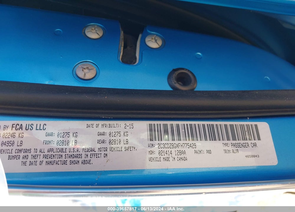 2015 DODGE CHALLENGER SXT PLUS VIN: 2C3CDZBGXFH775429