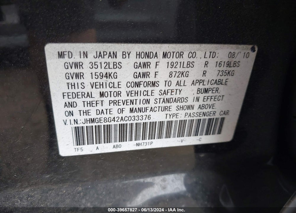 2010 HONDA FIT SPORT VIN: JHMGE8G42AC033376