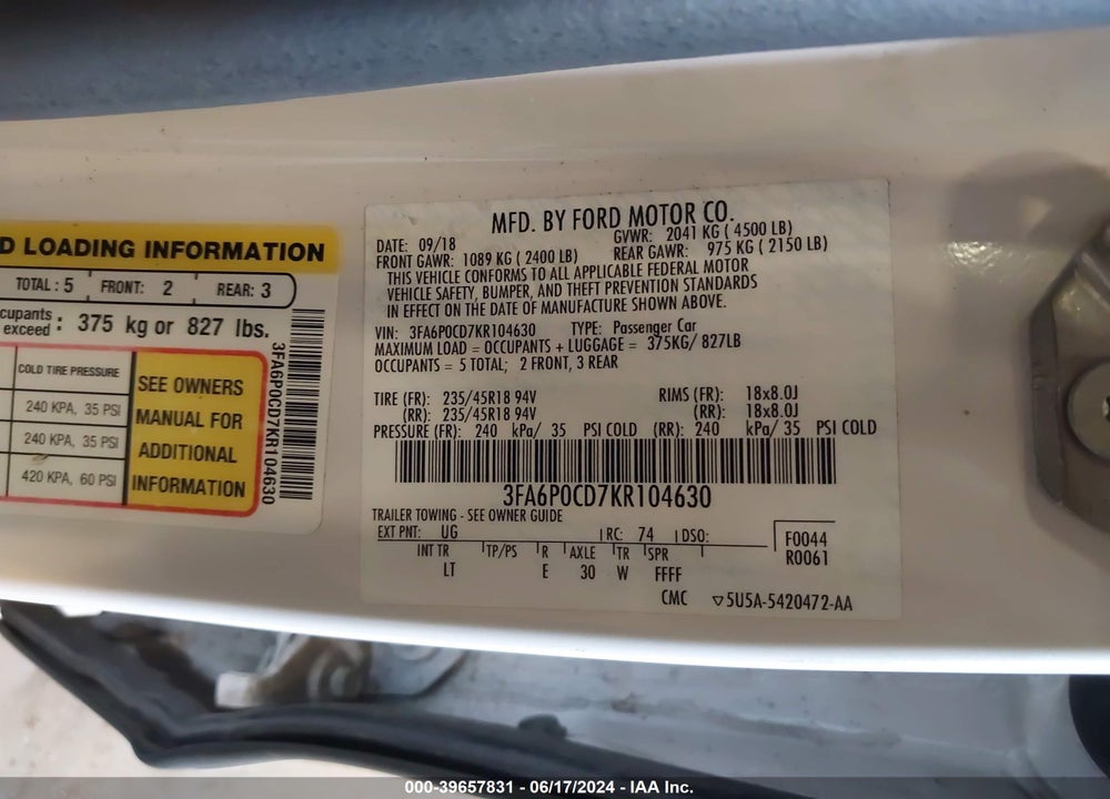 2019 FORD FUSION SEL VIN: 3FA6P0CD7KR104630
