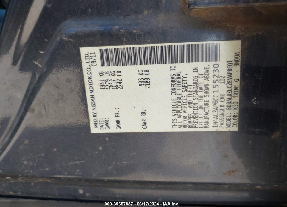 2012 NISSAN ALTIMA 2.5 S VIN: 1N4AL2AP6CC155230