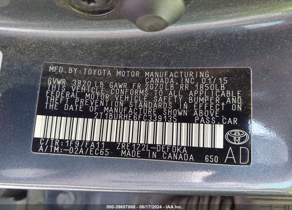 2015 TOYOTA COROLLA L VIN: 2T1BURHE6FC339135