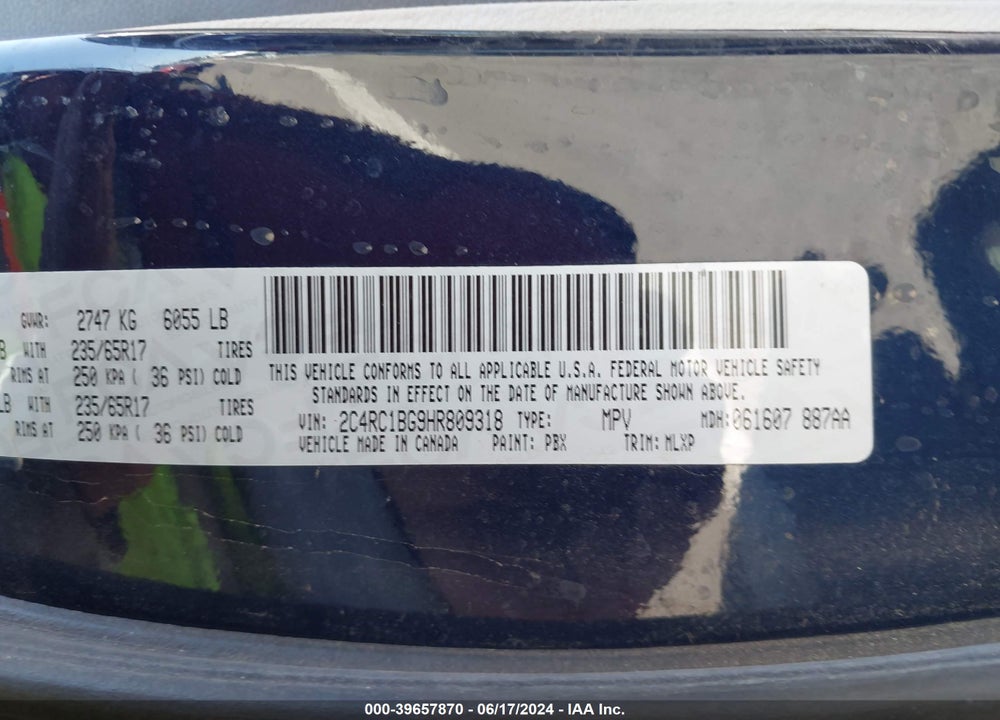 2017 CHRYSLER PACIFICA TOURING L VIN: 2C4RC1BG9HR809318