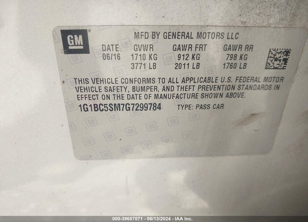 2016 CHEVROLET CRUZE LS AUTO VIN: 1G1BC5SM7G7299784